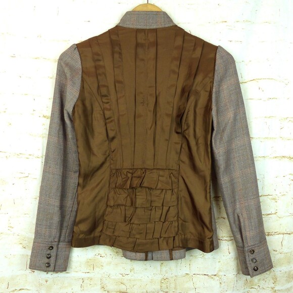 Free People Jacket Size 2 Brown Plaid Wool Button Pin Tuck Ruffle Back Military - Picture 6 of 13